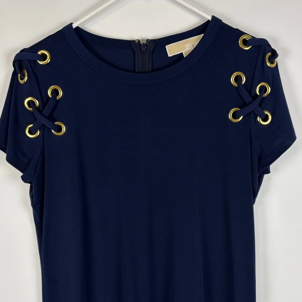 Michael Kors Navy Grommet Lace Up Shoulder Shift Dress Medium Gold